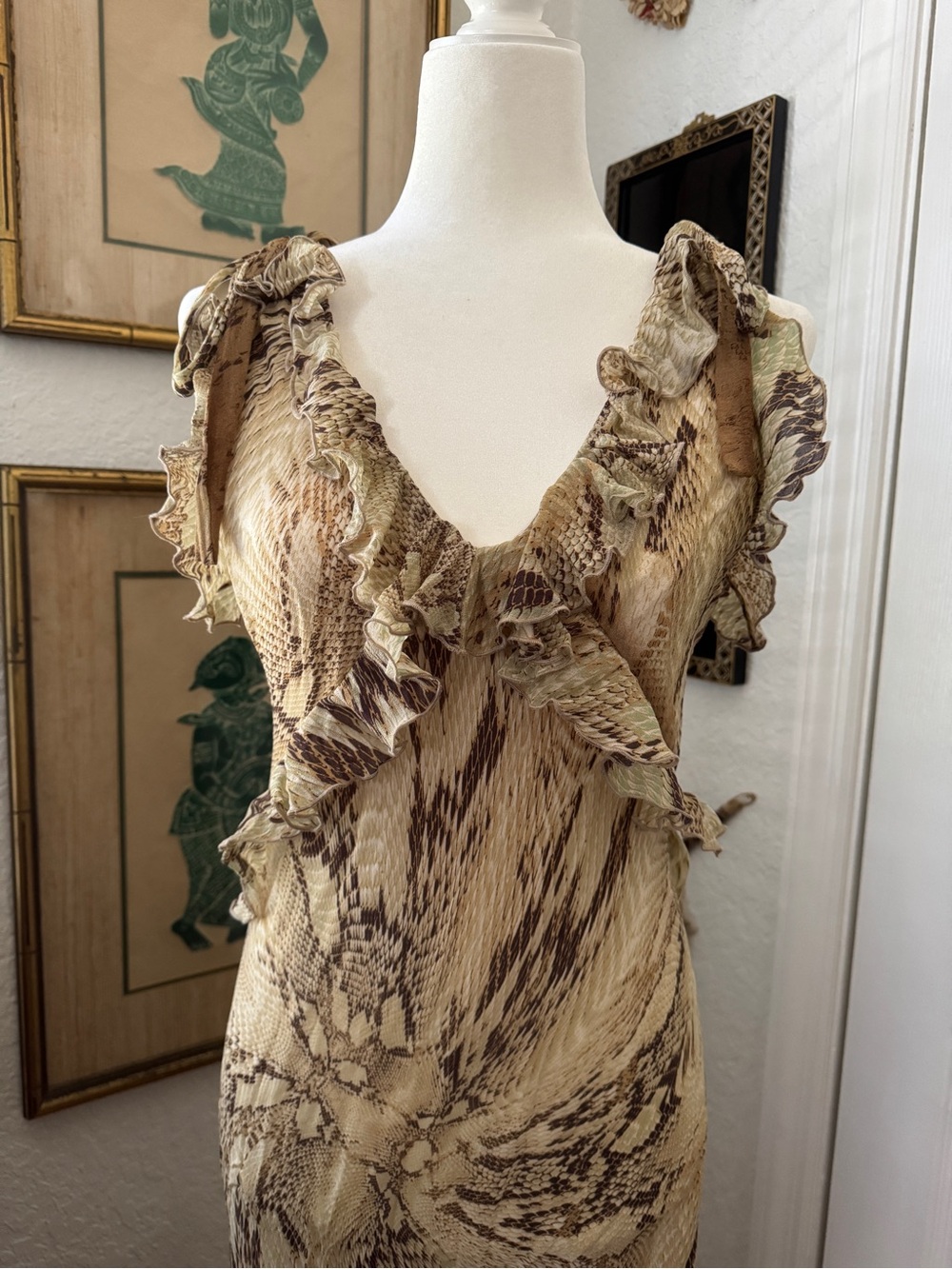 Zara Snake Skin Print Ruffle Maxi Y2K Plunge V-Neck Maxi Dress - Picture 2 of 7